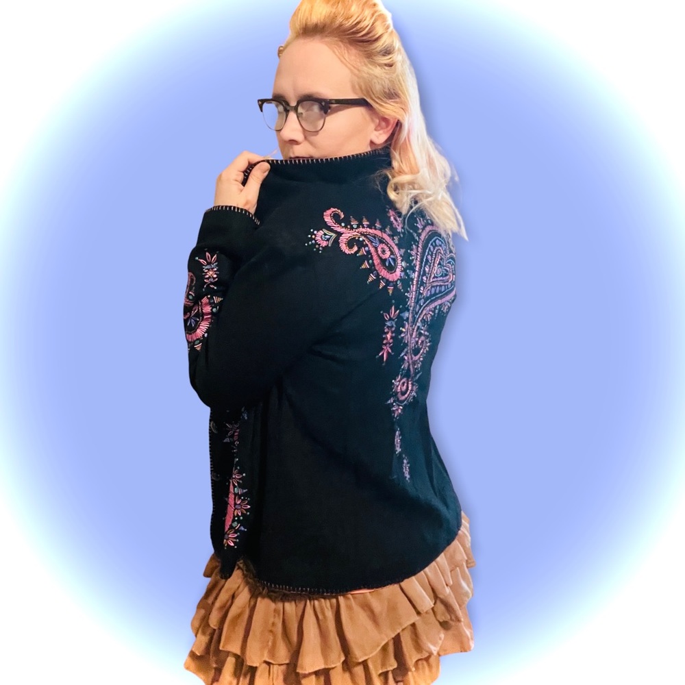 Vintage Bob Mackie Wearable Art black blazer pink purple embroidery size small